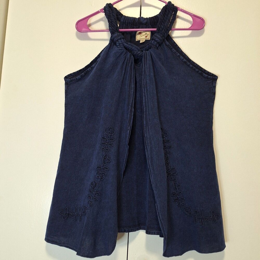 Scully Western Layered Denim Tank Shirt With Rope Detail Neckline Size Medium
